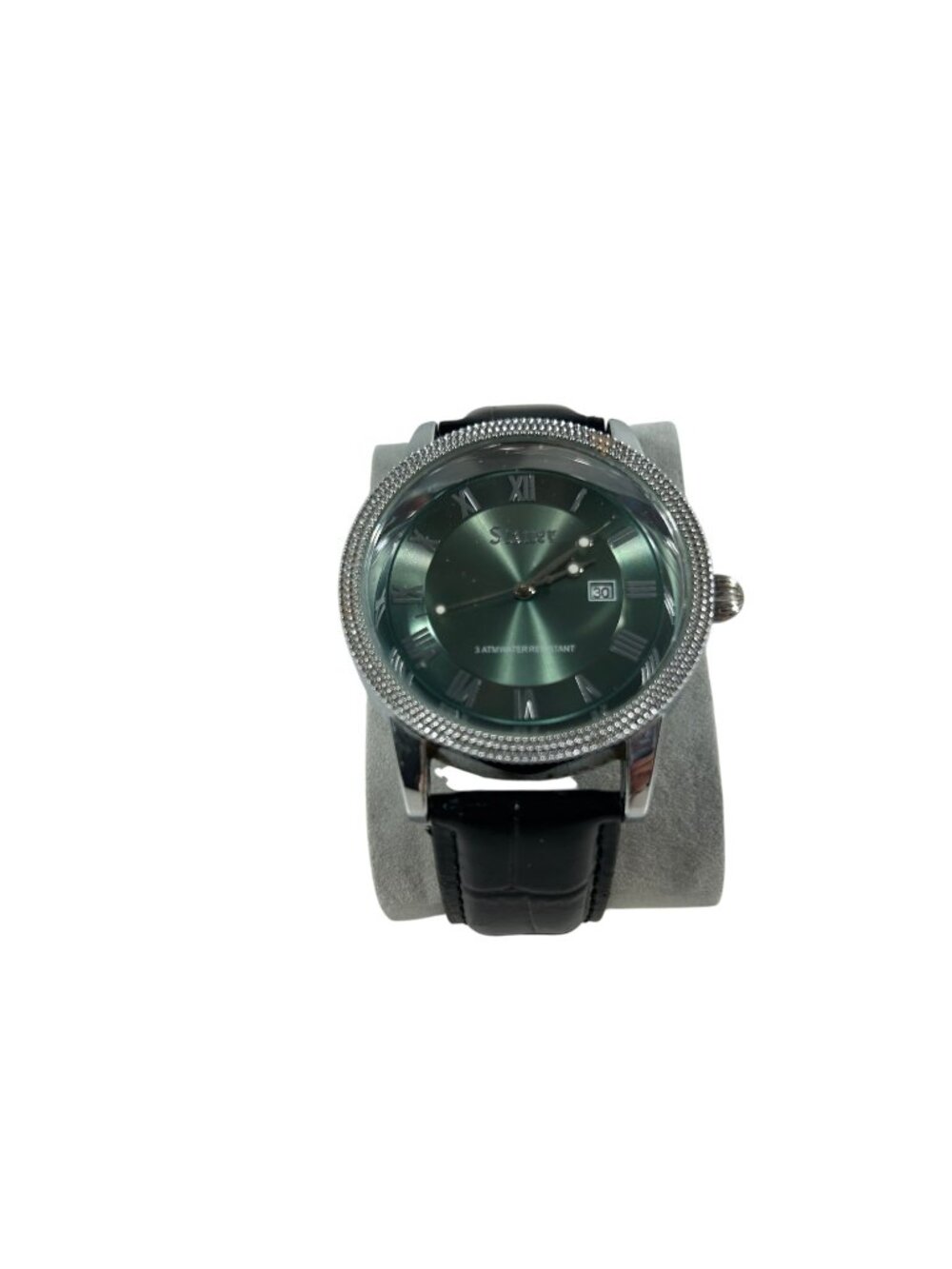 Stauer Black Leather Band Mens Watch 28997 Quartz Analog Green Dial